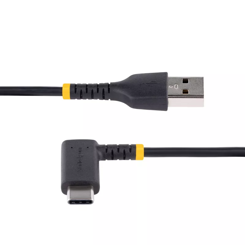 StarTech.com 15 cm USB-A-naar-USB-C-oplaadkabel, haaks – robuuste snellaad-USB-C-kabel – zwart, USB 2.0 A naar Type-C – duurzame aramidevezel – 3A – korte USB-oplaadkabel