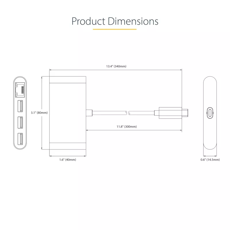 StarTech.com 3-poorts USB-C-hub met Ethernet - 3x USB-A - Gigabit Ethernet - USB 3.0 5Gbps - busgevoed - 1ft/30cm lange USB Type-C hostkabel - GbE - draagbare USB-C naar USB-A-hub
