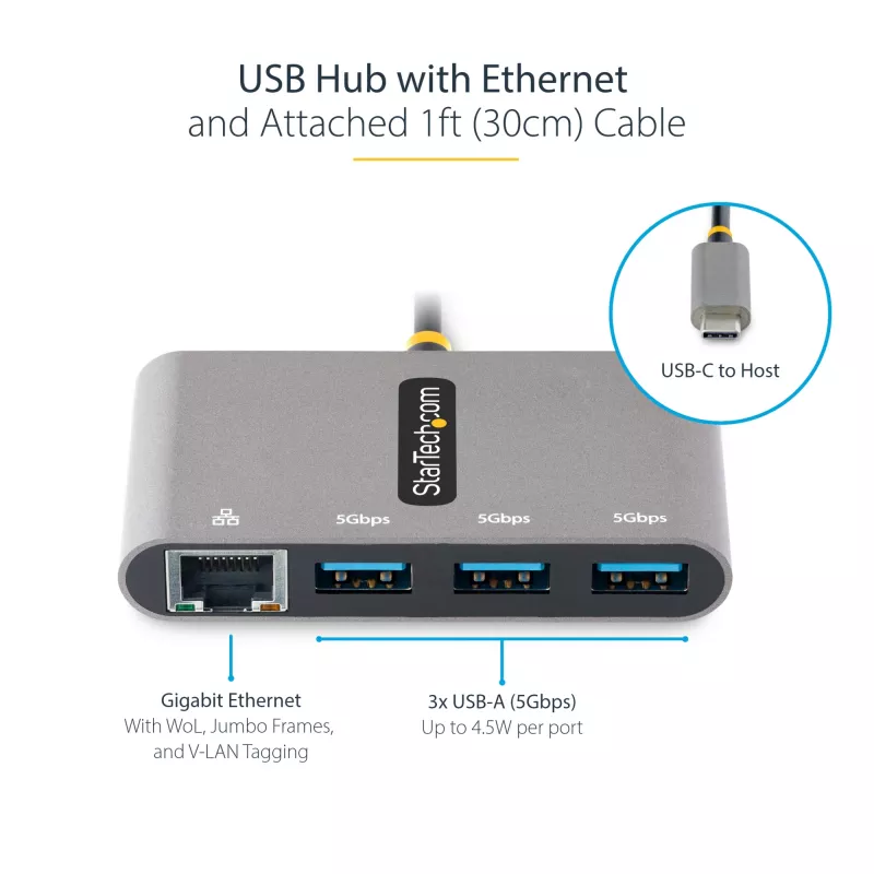 StarTech.com 3-poorts USB-C-hub met Ethernet - 3x USB-A - Gigabit Ethernet - USB 3.0 5Gbps - busgevoed - 1ft/30cm lange USB Type-C hostkabel - GbE - draagbare USB-C naar USB-A-hub