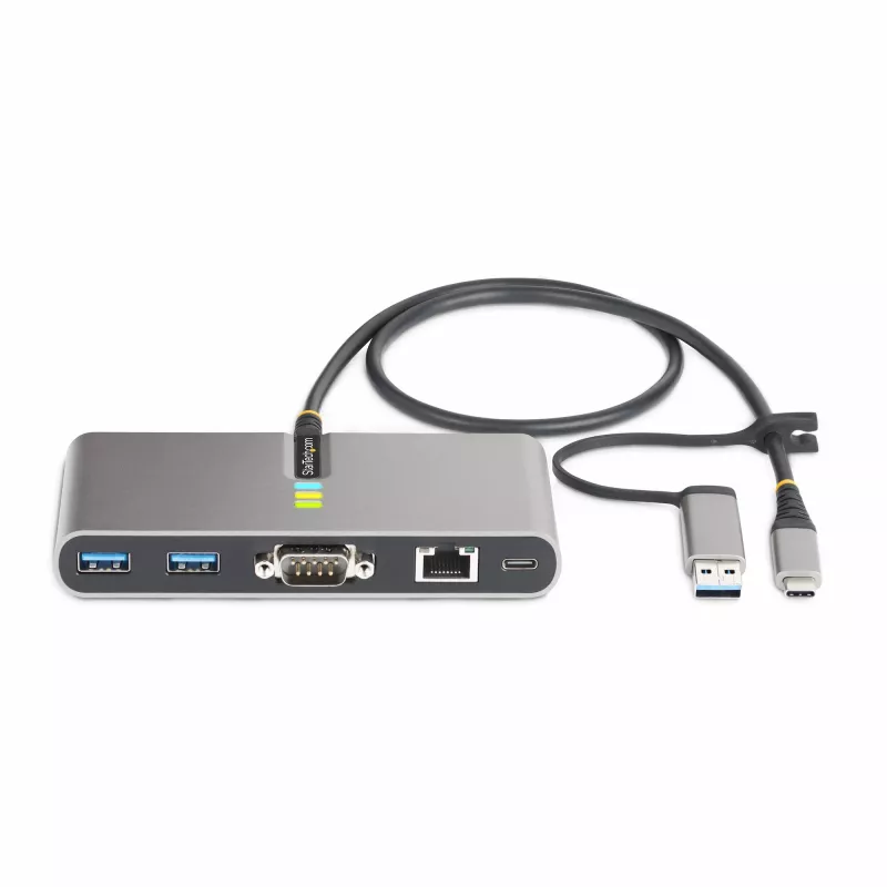 StarTech.com 2-poorts USB-C-hub met Ethernet en RS-232, meegeleverde USB-C-naar-USB-A-dongle, 100 W PD pass-through, 2x USB-A 5 Gbit/s, Gigabit Ethernet, RS232 serieel (FTDI)