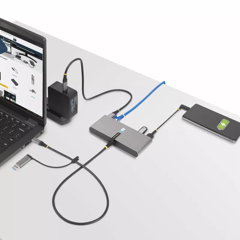 StarTech.com 2-poorts USB-C-hub met Ethernet en RS-232, meegeleverde USB-C-naar-USB-A-dongle, 100 W PD pass-through, 2x USB-A 5 Gbit/s, Gigabit Ethernet, RS232 serieel (FTDI)
