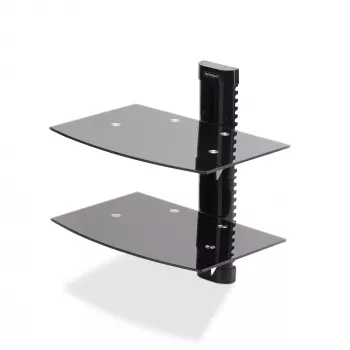StarTech.com dual floating wandplanken voor AV-apparatuur, in hoogte verstelbare plank voor onder de tv, organisatie van A/V-apparatuur op zwarte planken van gehard glas