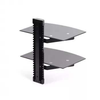 StarTech.com dual floating wandplanken voor AV-apparatuur, in hoogte verstelbare plank voor onder de tv, organisatie van A/V-apparatuur op zwarte planken van gehard glas