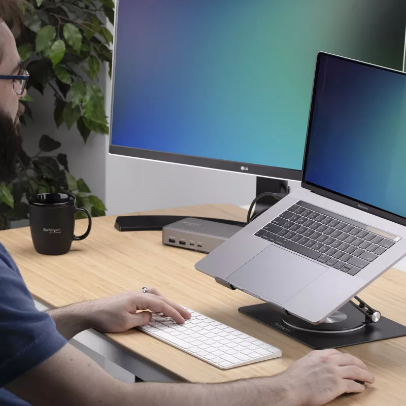 StarTech.com draaibare laptopstandaard, 360° zwenkbaar, ergonomische bureaulift voor computer, verhoogde houder met verstelbare helling, max. 5 kg, aluminium constructie, draagbaar design