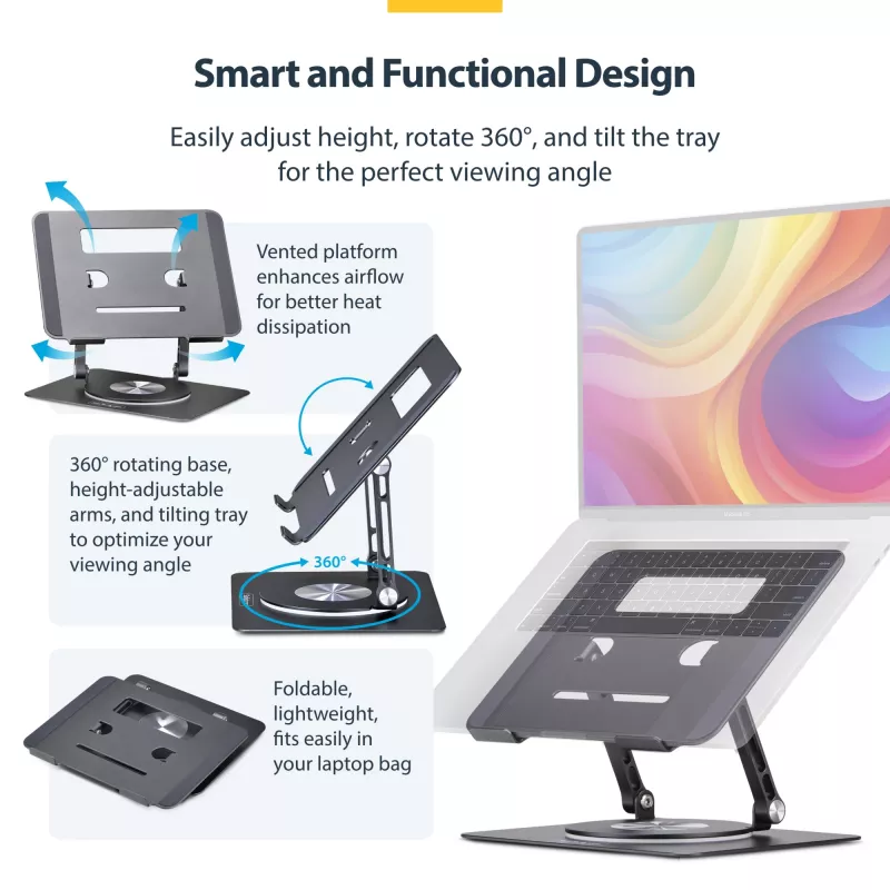 StarTech.com draaibare laptopstandaard, 360° zwenkbaar, ergonomische bureaulift voor computer, verhoogde houder met verstelbare helling, max. 5 kg, aluminium constructie, draagbaar design