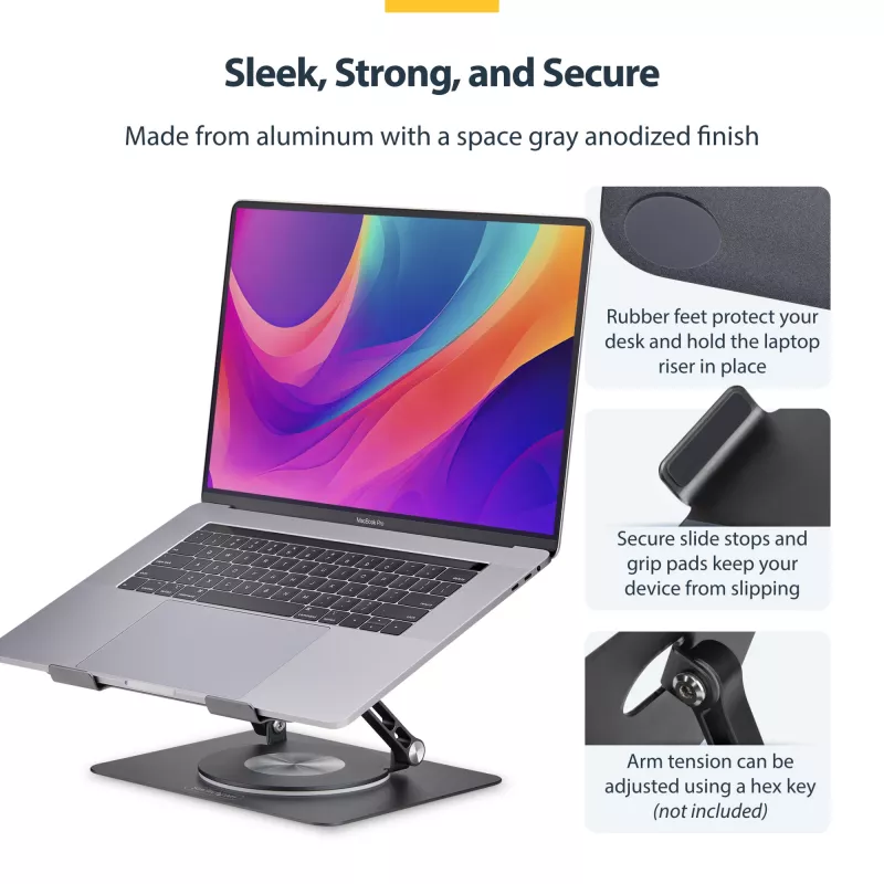 StarTech.com draaibare laptopstandaard, 360° zwenkbaar, ergonomische bureaulift voor computer, verhoogde houder met verstelbare helling, max. 5 kg, aluminium constructie, draagbaar design