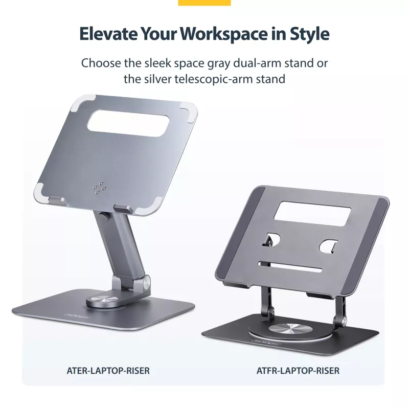 StarTech.com draaibare laptopstandaard, 360° zwenkbaar, ergonomische bureaulift voor computer, verhoogde houder met verstelbare helling, max. 5 kg, aluminium constructie, draagbaar design