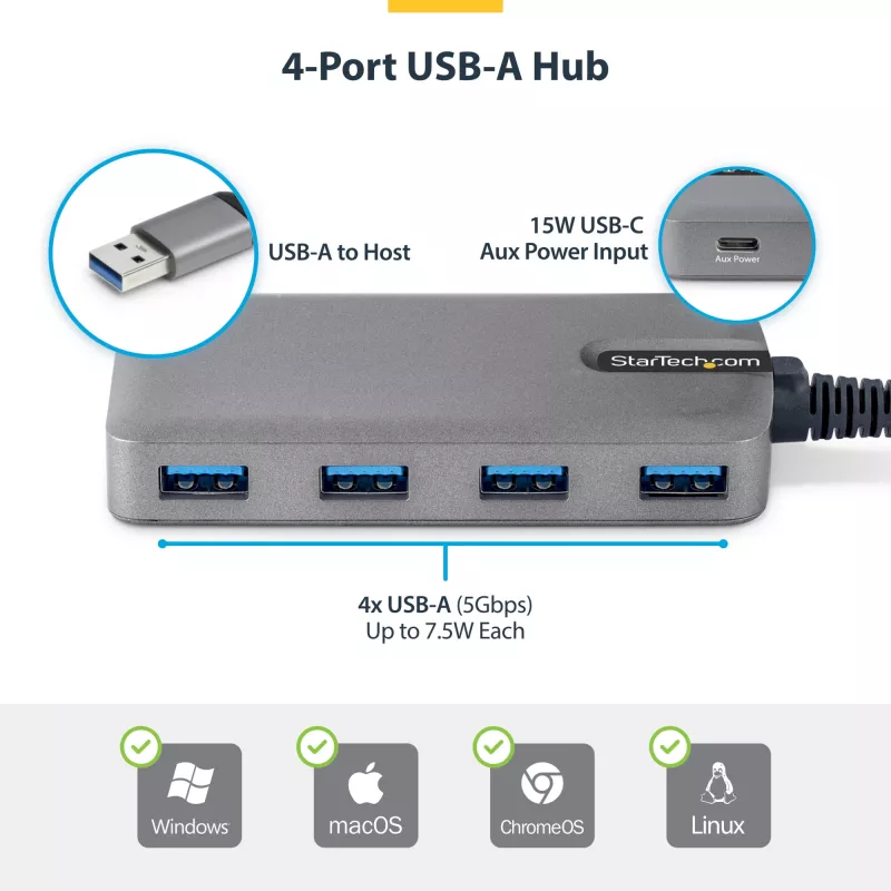 StarTech.com 4-poorts USB-A-hub, 5 Gbit/s, busgevoed, USB-A naar 4x USB-A-hub met USB-C hulpstroomingang, 30 cm hostkabel, draagbare desktop-/laptop-USB-hub