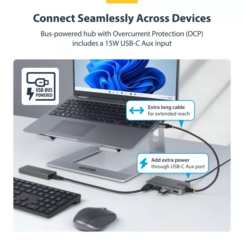 StarTech.com 4-poorts USB-A-hub, 5 Gbit/s, busgevoed, USB-A naar 4x USB-A-hub met USB-C hulpstroomingang, 30 cm hostkabel, draagbare desktop-/laptop-USB-hub