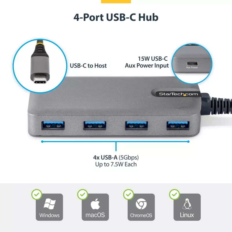 StarTech.com 4-poorts USB-C-hub, 5 Gbit/s, busgevoed, USB-C naar 4x USB-A-hub met USB-C hulpstroomingang, 1ft/30cm hostkabel, draagbare desktop-/laptop-USB-hub