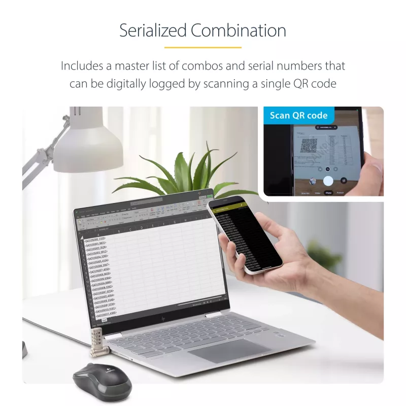StarTech.com 25-pack universeel laptopslot 2 m, geserialiseerde beveiligingskabel voor notebook, compatibel met Noble Wedge®/Nano/K-slot, sleutelloos cijferslotkabel – TAA