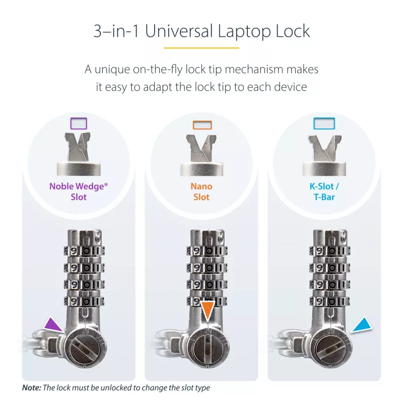 StarTech.com 25-pack universeel laptopslot 2 m, geserialiseerde beveiligingskabel voor notebook, compatibel met Noble Wedge®/Nano/K-slot, sleutelloos cijferslotkabel – TAA
