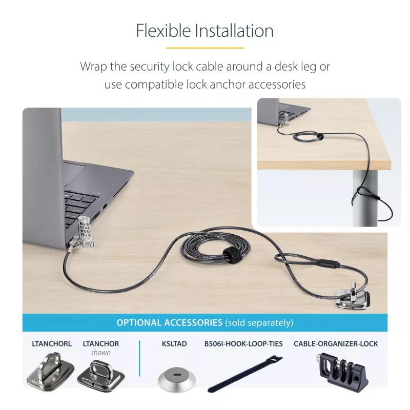 StarTech.com 25-pack universeel laptopslot 2 m, geserialiseerde beveiligingskabel voor notebook, compatibel met Noble Wedge®/Nano/K-slot, sleutelloos cijferslotkabel – TAA