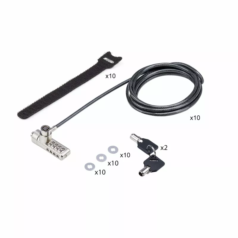 StarTech.com 10-pack dual-access laptopslot, 1,98 m gelijksluitend en cijfercombinatie beveiligingskabelslot voor K-slot-apparaten, computer-diefstalbeveiliging staalkabel