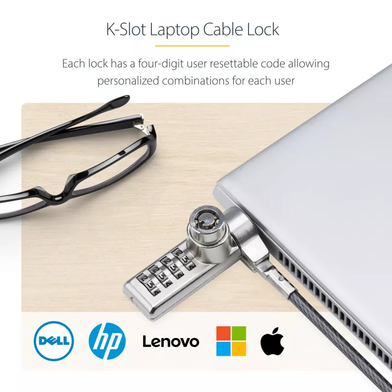 StarTech.com 10-pack dual-access laptopslot, 1,98 m gelijksluitend en cijfercombinatie beveiligingskabelslot voor K-slot-apparaten, computer-diefstalbeveiliging staalkabel