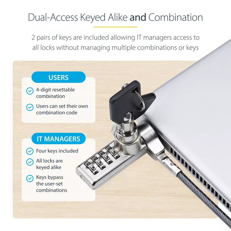 StarTech.com 10-pack dual-access laptopslot, 1,98 m gelijksluitend en cijfercombinatie beveiligingskabelslot voor K-slot-apparaten, computer-diefstalbeveiliging staalkabel