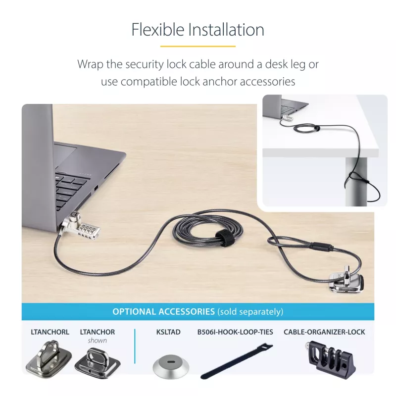 StarTech.com 10-pack dual-access laptopslot, 1,98 m gelijksluitend en cijfercombinatie beveiligingskabelslot voor K-slot-apparaten, computer-diefstalbeveiliging staalkabel