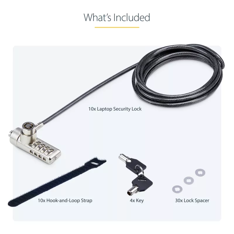 StarTech.com 10-pack dual-access laptopslot, 1,98 m gelijksluitend en cijfercombinatie beveiligingskabelslot voor K-slot-apparaten, computer-diefstalbeveiliging staalkabel