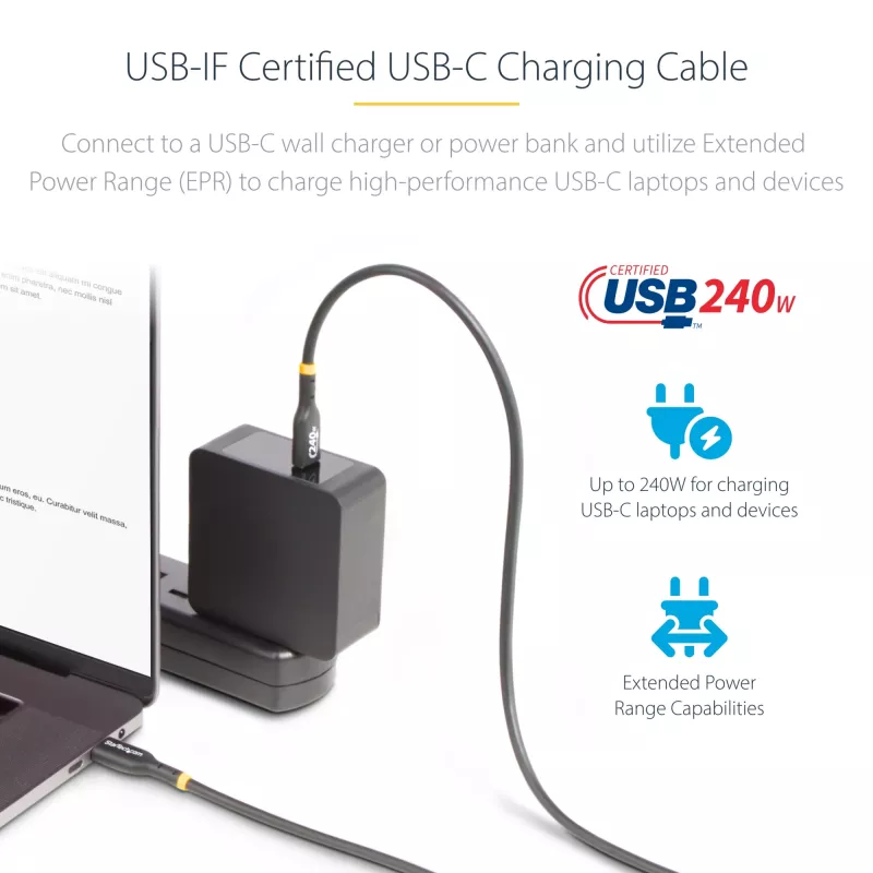 StarTech.com 4m USB-C oplaadkabel, USB-IF gecertificeerde USB-C-kabel, 240W PD EPR, USB 2.0 Type-C laptop-oplaadkabel, USB-C datatransmissiekabel, TPE-mantel, M/M