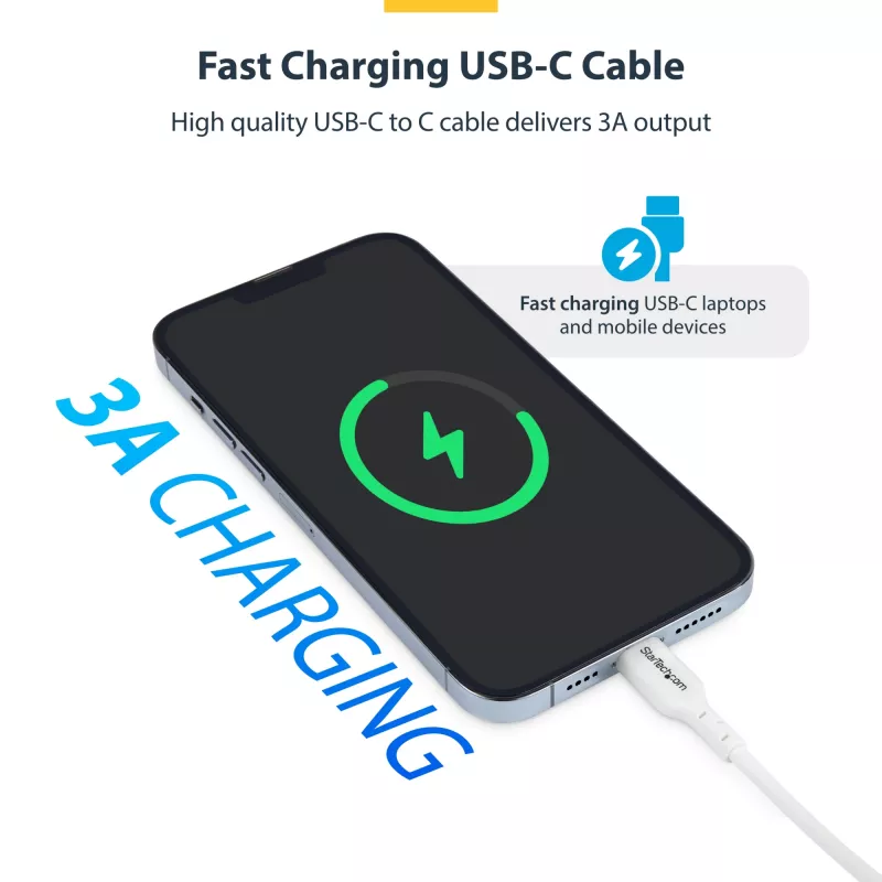 StarTech.com 3m (9.8ft) witte USB-C oplaadkabel, USB-C-kabel, USB 2.0 Type-C laptop-oplaadkabel, 60W 3A Power Delivery, TPE-mantel, USB-C datatransmissiekabel, M/M