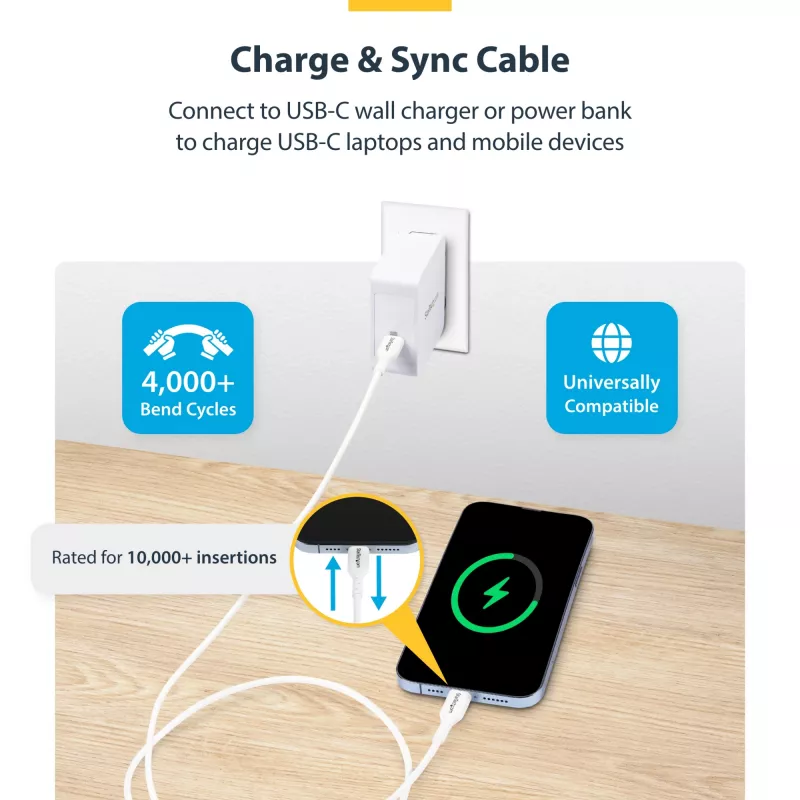 StarTech.com 3m (9.8ft) witte USB-C oplaadkabel, USB-C-kabel, USB 2.0 Type-C laptop-oplaadkabel, 60W 3A Power Delivery, TPE-mantel, USB-C datatransmissiekabel, M/M