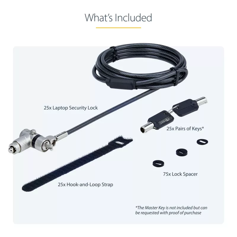 StarTech.com 25-pack universeel laptopslot 6.6ft (2m), master keyed vergrendelingskabel, computerbeveiliging, compatibel met Noble Wedge®/Nano/K-Slot; antidiefstal snijbestendige kabel