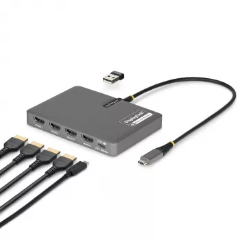StarTech.com USB-C naar quad-monitor workstation-adapter, 4K 60Hz HDMI, 140W PD passthrough voor laptop opladen, USB-aansluiting voor draadloos toetsenbord / muis, TAA