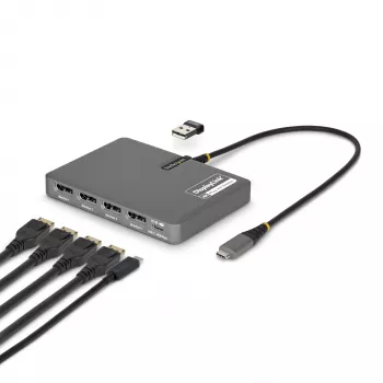 StarTech.com USB-C naar quad-monitor workstation-adapter, 4K 60Hz DisplayPort, 140W PD passthrough voor laptop opladen, USB-aansluiting voor draadloos toetsenbord / muis, TAA