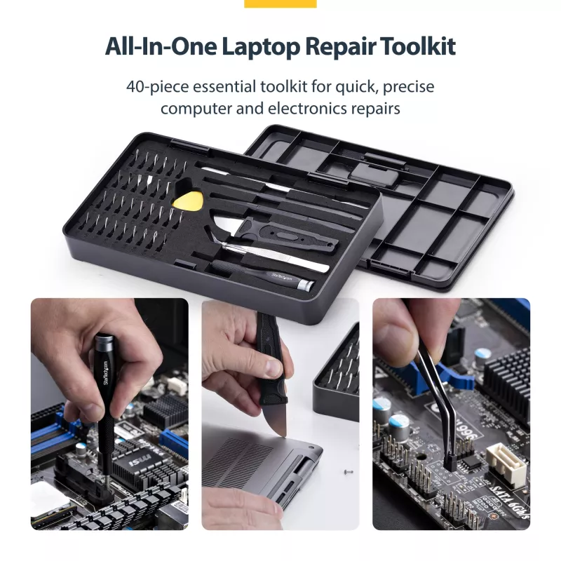 StarTech.com 40-delige computerreparatie-toolkit voor laptop/pc/elektronica/telefoon, 30-bit precisieschroevendraaierset, afneembaar deksel met magneetmat, hefwerktuigen