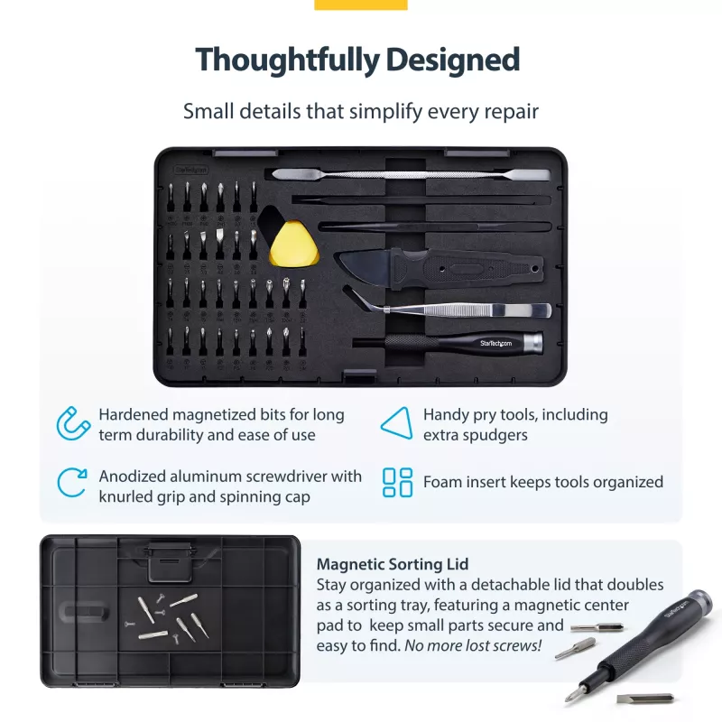 StarTech.com 40-delige computerreparatie-toolkit voor laptop/pc/elektronica/telefoon, 30-bit precisieschroevendraaierset, afneembaar deksel met magneetmat, hefwerktuigen