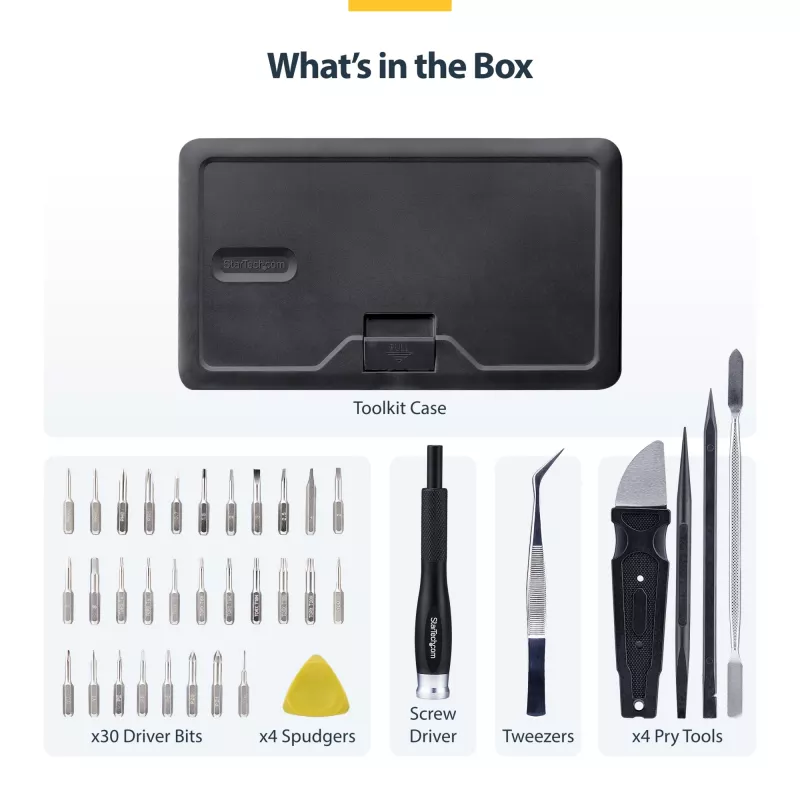 StarTech.com 40-delige computerreparatie-toolkit voor laptop/pc/elektronica/telefoon, 30-bit precisieschroevendraaierset, afneembaar deksel met magneetmat, hefwerktuigen