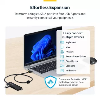 StarTech.com 4-poorts USB-A hub, 5 Gbit/s, busgevoed, USB-A naar 4x USB-A mini hub, extra lange 61 cm hostkabel, PCR-kunststof, draagbare desktop-/laptop-USB-hub