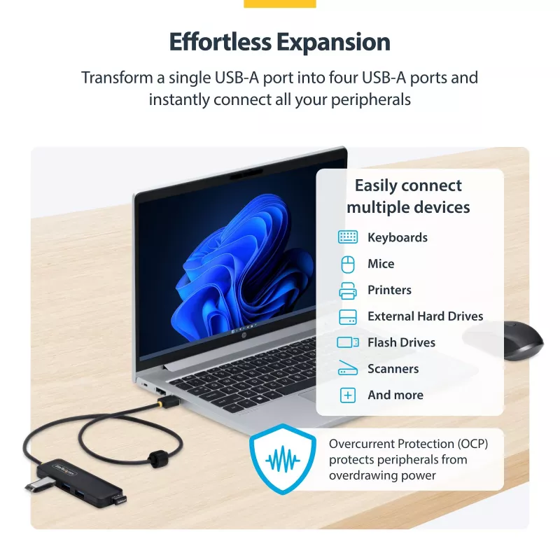 StarTech.com 4-poorts USB-A hub, 5 Gbit/s, busgevoed, USB-A naar 4x USB-A mini hub, extra lange 61 cm hostkabel, PCR-kunststof, draagbare desktop-/laptop-USB-hub