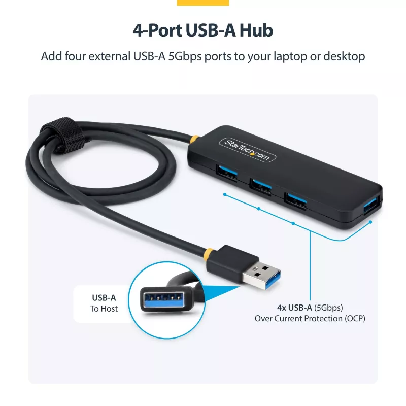 StarTech.com 4-poorts USB-A hub, 5 Gbit/s, busgevoed, USB-A naar 4x USB-A mini hub, extra lange 61 cm hostkabel, PCR-kunststof, draagbare desktop-/laptop-USB-hub