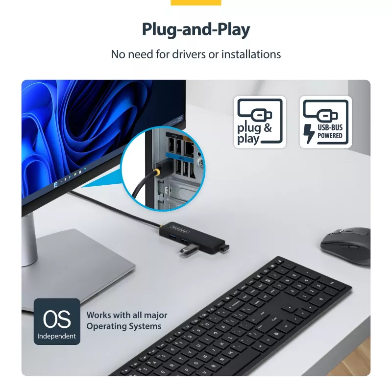 StarTech.com 4-poorts USB-A hub, 5 Gbit/s, busgevoed, USB-A naar 4x USB-A mini hub, extra lange 61 cm hostkabel, PCR-kunststof, draagbare desktop-/laptop-USB-hub