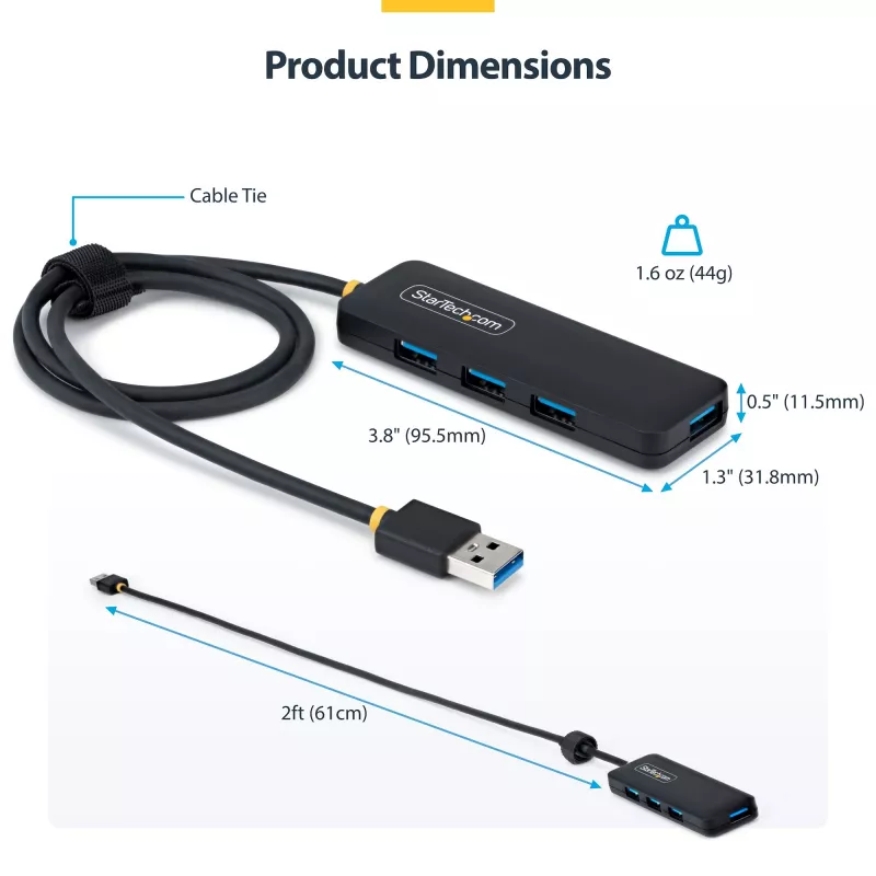 StarTech.com 4-poorts USB-A hub, 5 Gbit/s, busgevoed, USB-A naar 4x USB-A mini hub, extra lange 61 cm hostkabel, PCR-kunststof, draagbare desktop-/laptop-USB-hub