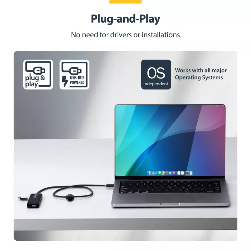 StarTech.com 4-poorts USB-C hub, 5 Gbit/s, busgevoed, USB-C naar 4x USB-A mini hub, extra lange 61 cm hostkabel, PCR-kunststof, draagbare desktop-/laptop-USB-hub