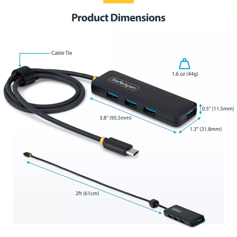 StarTech.com 4-poorts USB-C hub, 5 Gbit/s, busgevoed, USB-C naar 4x USB-A mini hub, extra lange 61 cm hostkabel, PCR-kunststof, draagbare desktop-/laptop-USB-hub