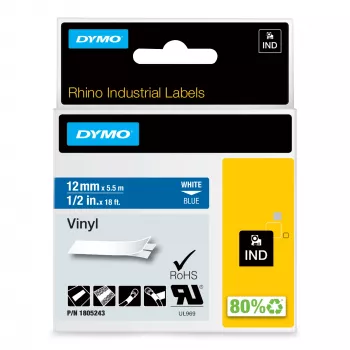 DYMO Rhino industrie vinyl etiketten | 12 mm x 5,5 m | witte print op blauw | zelfklevend | voor LabelManager & Rhino labelprinters