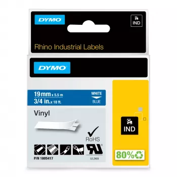 DYMO Rhino industrie vinyl etiketten | 19 mm x 5,5 m | witte print op blauw | zelfklevend | voor LabelManager & Rhino labelprinters