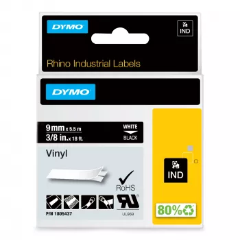DYMO Rhino industrie vinyl etiketten | 9 mm x 5,5 m | witte print op zwart | zelfklevend | voor LabelManager & Rhino labelprinters