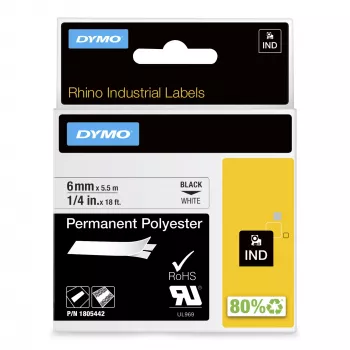 DYMO Rhino industrie permanente polyester etiketten | 6 mm x 5,5 m | zwarte print op wit | zelfklevend | voor Rhino & LabelManager labelprinters
