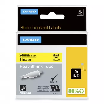 DYMO Rhino industrie warmtekrimp kabel etikettenkokers | 24 mm x 1,5 m | zwarte print op geel | voor Rhino labelprinters