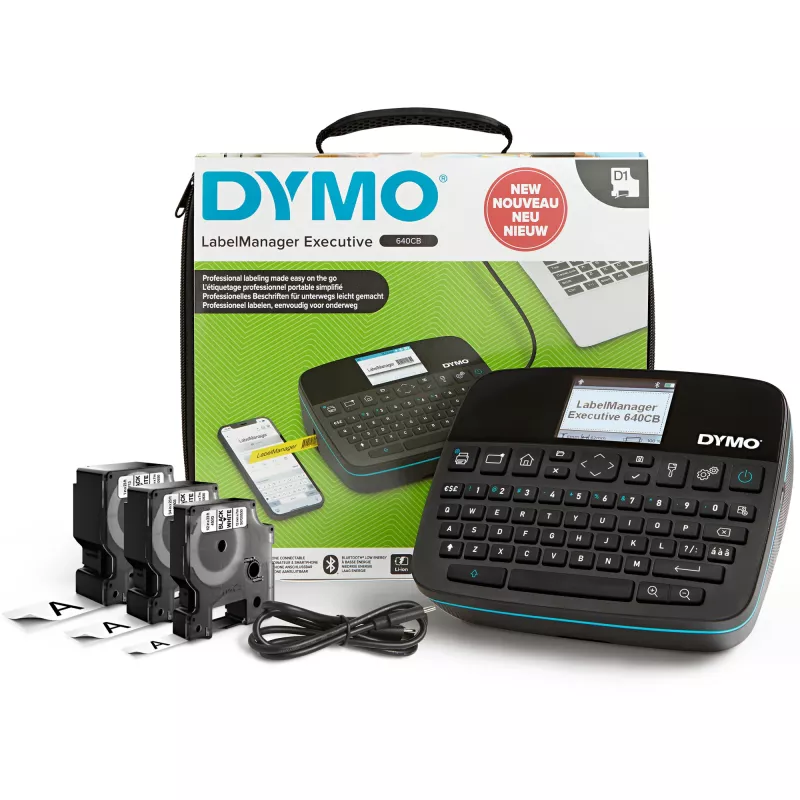 DYMO LabelManager Executive 640 CB Draagbare labelprinter-kit met draagtas en 3 labelcassettes | Compacte QWERTY-labelprinter | Bluetooth- en USB-connectiviteit | Compatibel met D1-labels