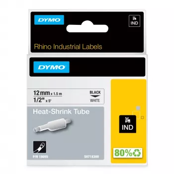 DYMO Rhino Industriële krimpkous-kabellabels | 12 mm x 1,5 m | Zwarte opdruk op wit | voor Rhino-labelmachines