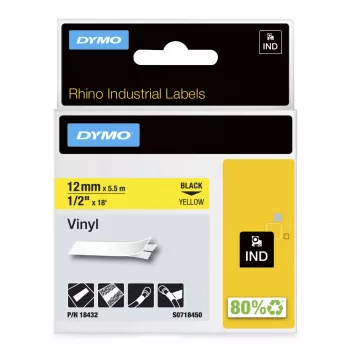 DYMO Rhino Industriële vinyllabels | 12 mm x 5,5 m | Zwarte opdruk op geel | Zelfklevend | voor Rhino- en LabelManager-labelprinters