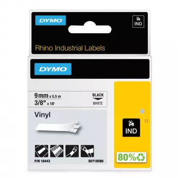 DYMO Rhino Industriële vinyllabels | 9 mm x 5,5 m | Zwarte opdruk op wit | Zelfklevend | voor Rhino- en LabelManager-labelprinters