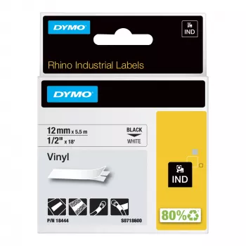 DYMO Rhino Industriële vinyllabels | 12 mm x 5,5 m | Zwarte opdruk op wit | Zelfklevend | voor Rhino- en LabelManager-labelprinters