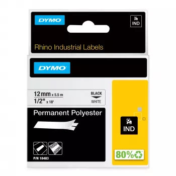 DYMO Rhino Industriële permanent-polyesterlabels | 12 mm x 5,5 m | Zwarte opdruk op wit | Zelfklevend | voor Rhino- en LabelManager-labelprinters