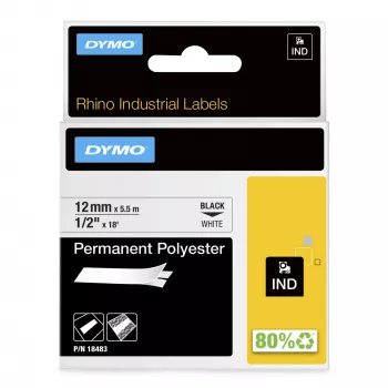 DYMO Rhino Industriële permanent-polyesterlabels | 12 mm x 5,5 m | Zwarte opdruk op wit | Zelfklevend | voor Rhino- en LabelManager-labelprinters